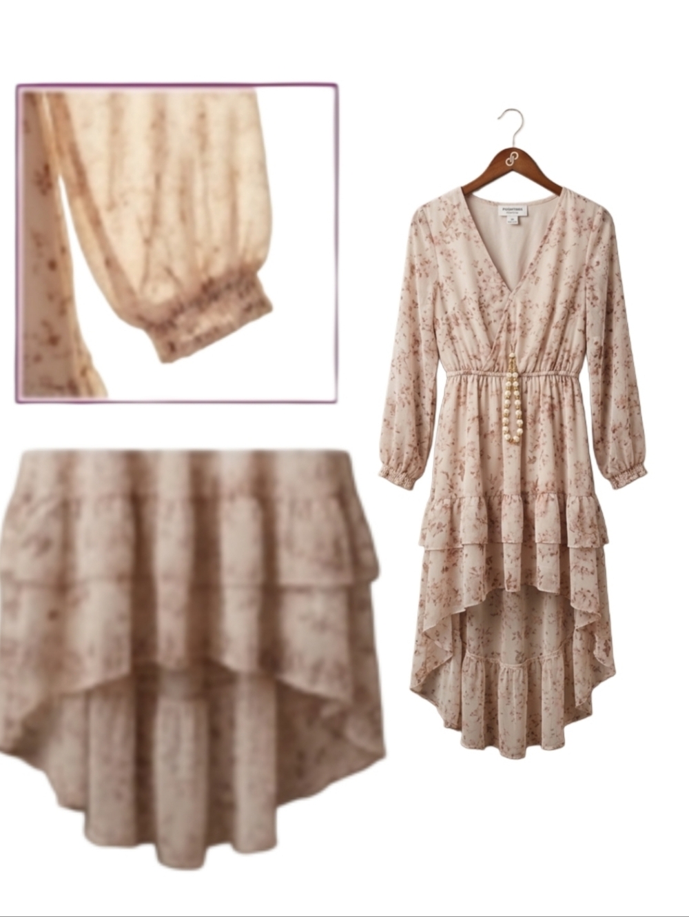 Elegant Floral Flowy Lightweight Summery Whimsy Long Sleeved High Low Dress NC - Picture 5 of 7